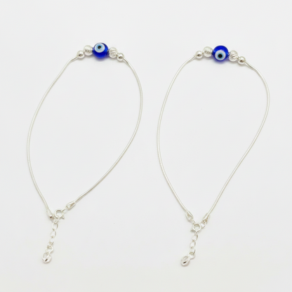 92.5 Sterling Silver Snake Chain Evil Eye Bead & Silver Ball Anklets for Women
