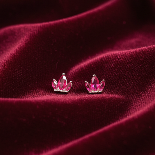 925 Silver Ruby 3 leaf studs- ball back