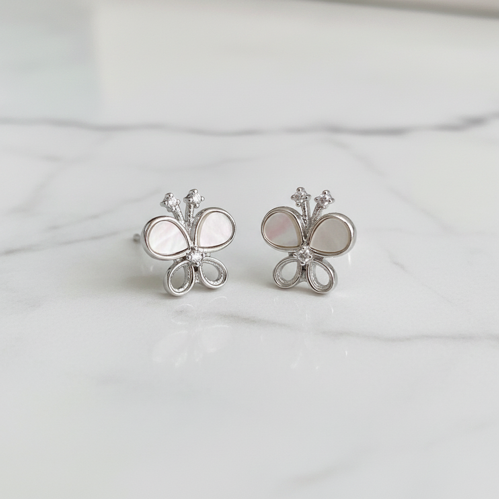 92.5 Sterling Silver MOP Clover Flower & CZ Stud Earrings for Women pair