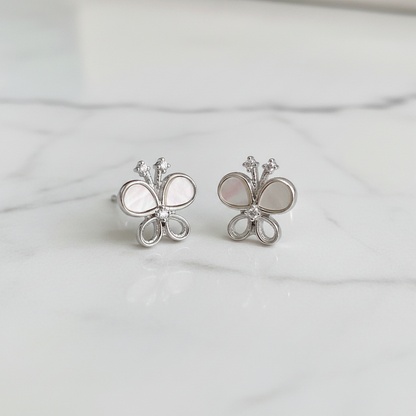 92.5 Sterling Silver MOP Clover Flower & CZ Stud Earrings for Women pair