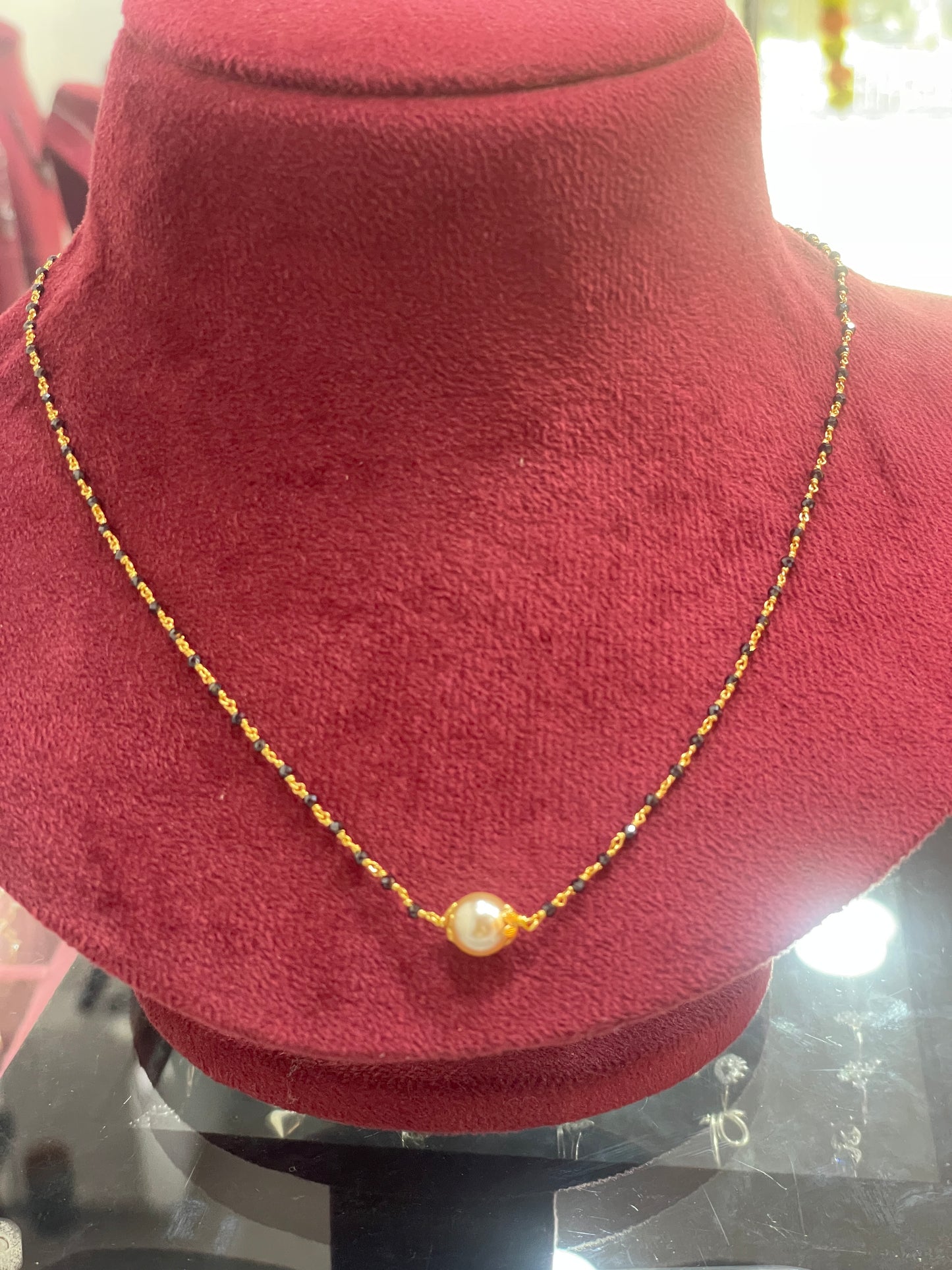 925 Silver Gold Plated Black Diamond Chain for Women | 8mm Pearl Pendant