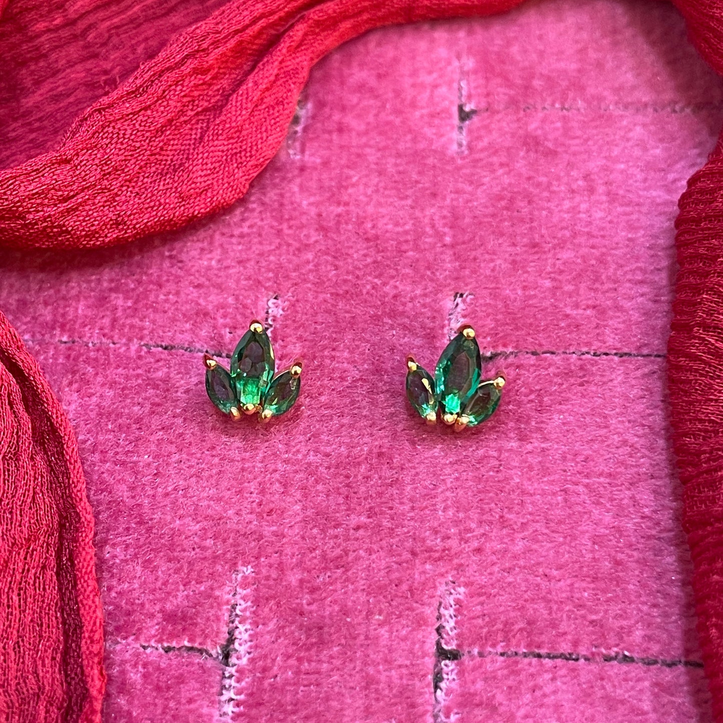 925 Silver Gold Plated  Emerald 3 Leaf Studs