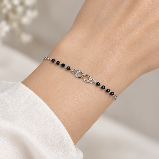 92.5 Silver Black Bead Bracelet with Infinity Charm for Women