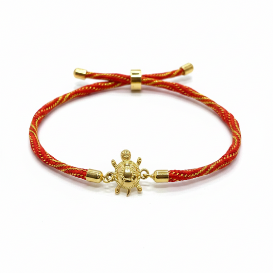 Gold-Plated Rakhi for Brother | Lucky Tortoise Charm on Red & Gold Silk Thread
