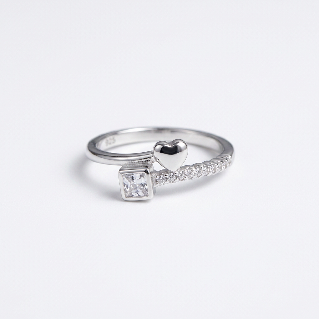 92.5 Silver Clear Stone Heart Ring for Women- Size 14