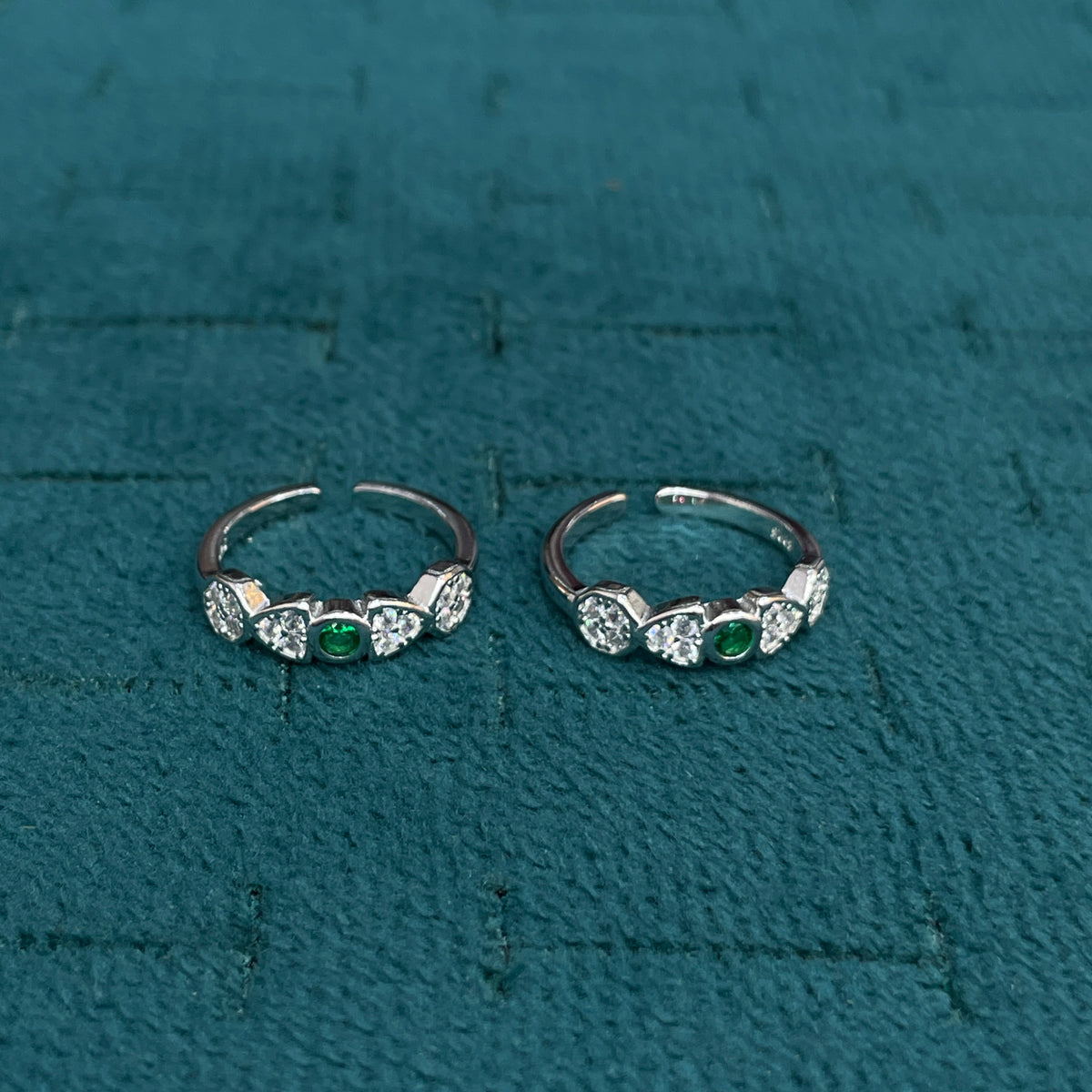 92.5 Sterling Silver Emerald Green & White CZ Five Stone Open Toe Rings for Women — Pair