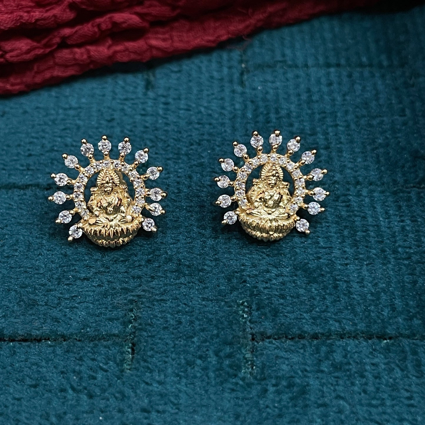 Gold Plated 92.5 Sterling Silver Goddess Lakshmi Stud Earrings for Women | CZ Halo Temple Jewellery Lakshmi Studs