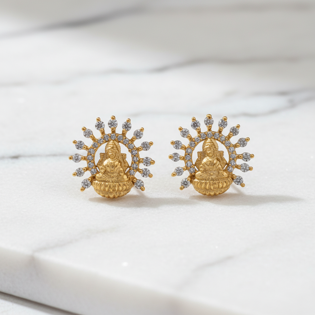 Gold Plated 92.5 Sterling Silver Goddess Lakshmi Stud Earrings for Women | CZ Halo Temple Jewellery Lakshmi Studs