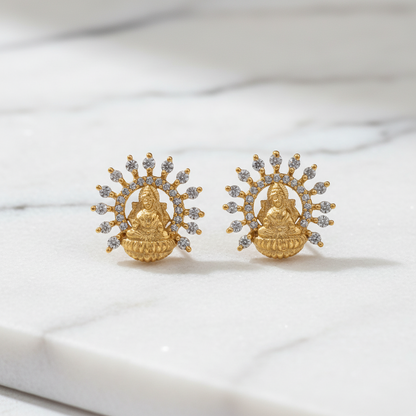 Gold Plated 92.5 Sterling Silver Goddess Lakshmi Stud Earrings for Women | CZ Halo Temple Jewellery Lakshmi Studs