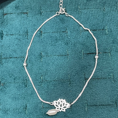 92.5 Sterling Silver Anklet for Women | Lotus Charm with Pearl Drop