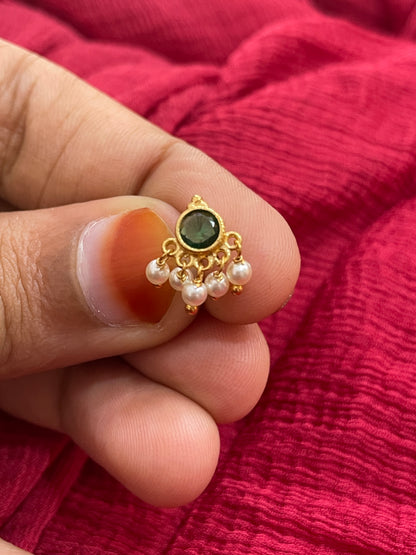 92.5 Silver Gold Plated Green Stone Nose Pin for Women | Elegant Stylish Design | Jewellery