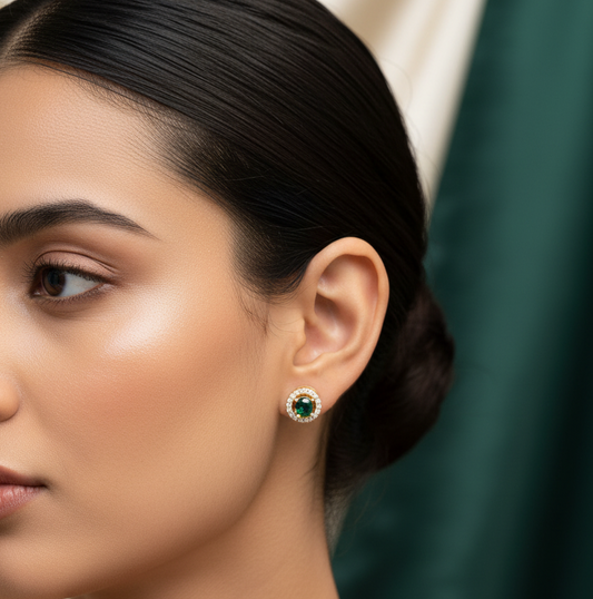 92.5 Silver Gold Plated Green Stone Stud Earrings for Women | Elegant Color Design | Stylish Jewellery