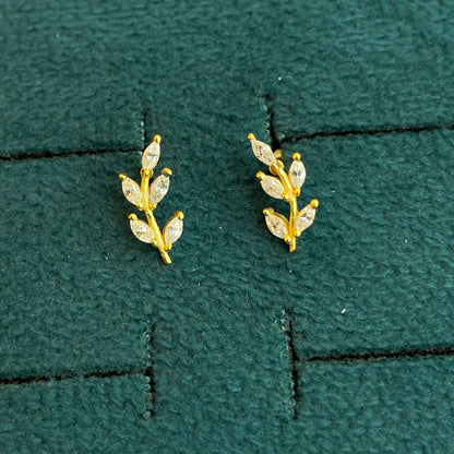 92.5 Silver Gold Plated White CZ Leaf Stud Earrings for Women
