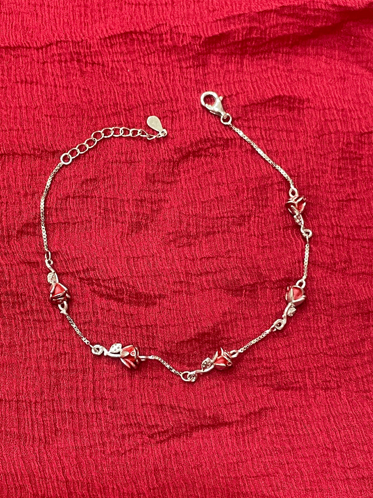 92.5 Silver Red Rose Bracelet 8.5 Inches | Elegant Floral Design | Jewellery