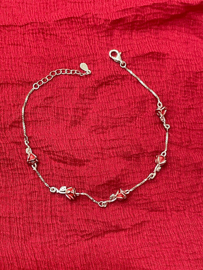 92.5 Silver Red Rose Bracelet 8.5 Inches | Elegant Floral Design | Jewellery