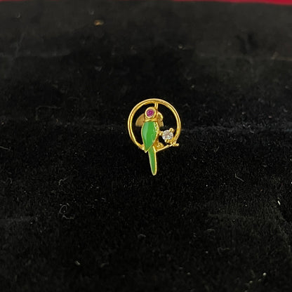 Gold Plated 92.5 Sterling Silver Green Enamel Parrot Stud Earrings for Women | CZ & Ruby Pink CZ Parrot in Circle Frame