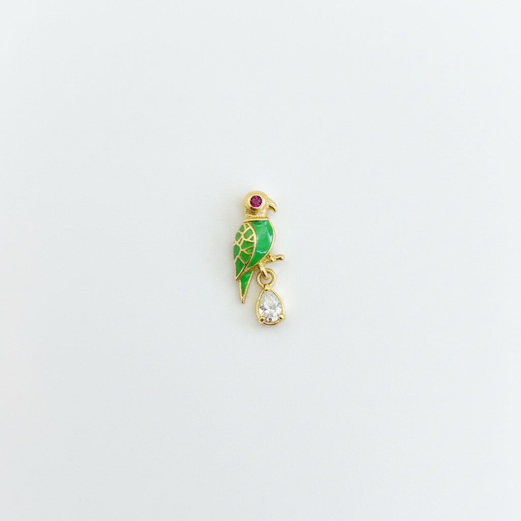 92.5 Sterling Silver Gold Plated Green Enamel Parrot Drop CZ Nose Pin