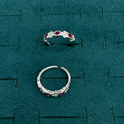 92.5 Sterling Silver Ruby Pink CZ & Star Pave White CZ Toe Rings