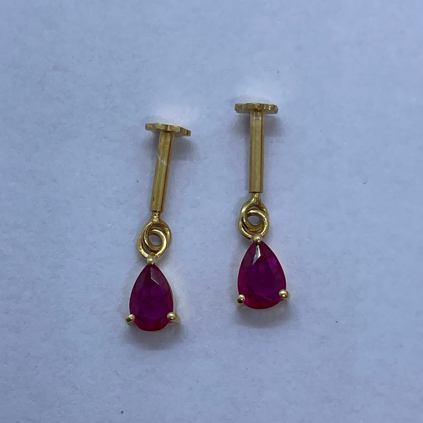 92.5 Silver Gold-Plated Bugadi for Women | Ruby Red Teardrop CZ Dangle on Bar Stud | Helix Earring pair