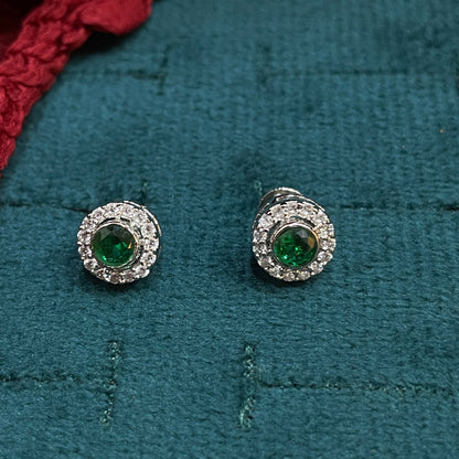 92.5 Sterling Silver Earrings for Women | Round Green Stone with White Stone Halo pair