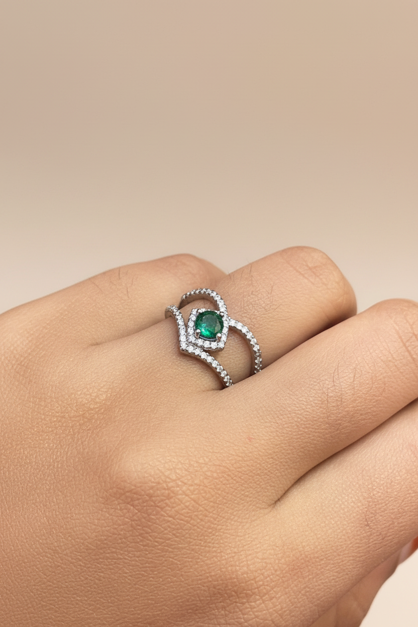 92.5 Silver Green Stone Ring for Women Size 14 | Stylish Classy Design | Elegant Statement Jewellery