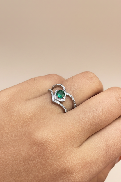 92.5 Silver Green Stone Ring for Women Size 14 | Stylish Classy Design | Elegant Statement Jewellery