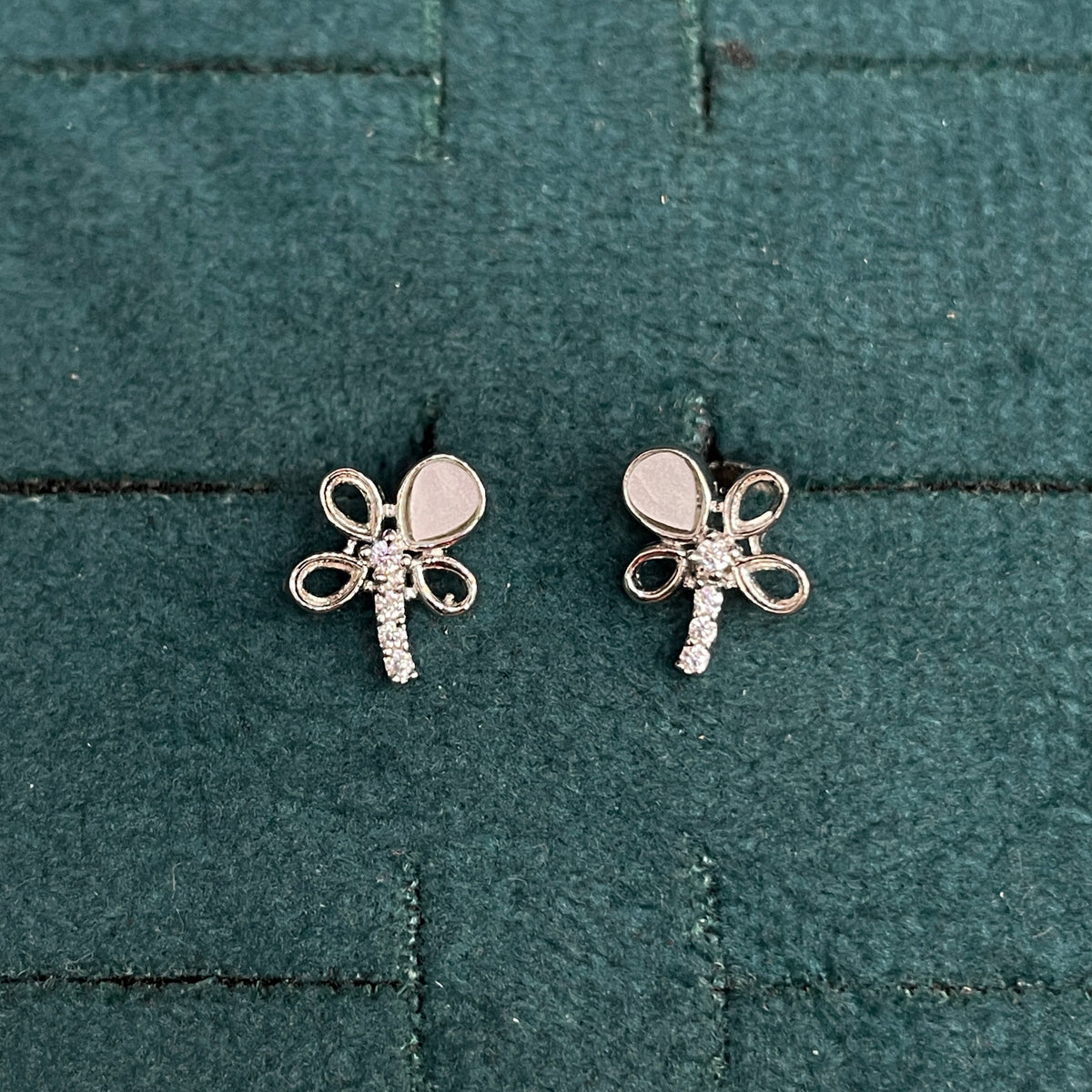 92.5 Sterling Silver MOP & CZ Dragonfly Stud Earrings for Women pair