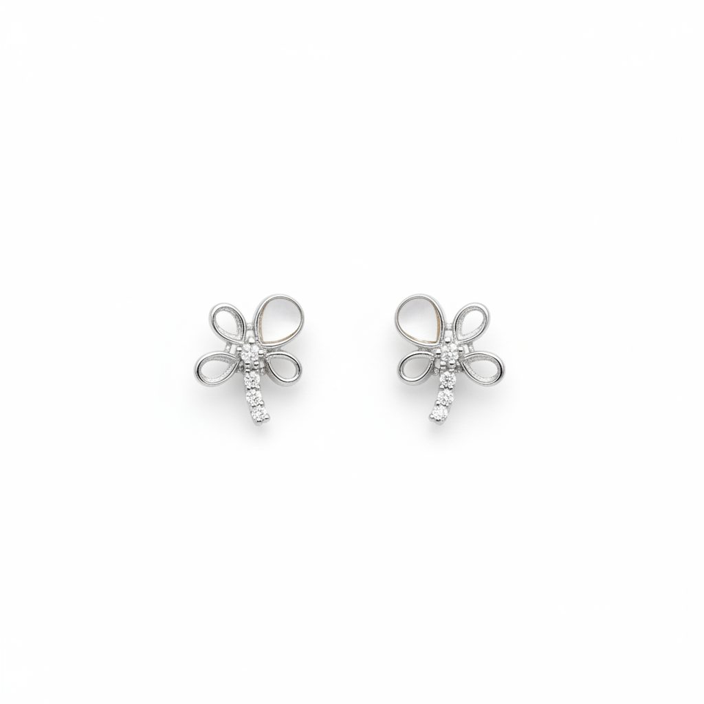 92.5 Sterling Silver MOP & CZ Dragonfly Stud Earrings for Women pair