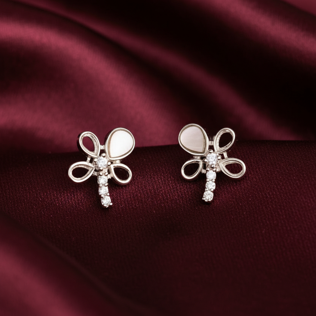 92.5 Sterling Silver MOP & CZ Dragonfly Stud Earrings for Women pair