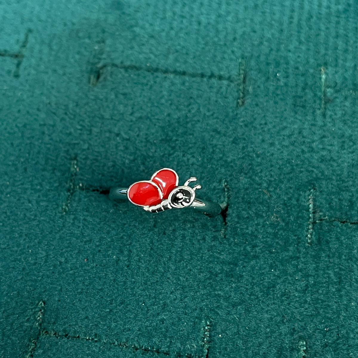 92.5 Sterling Silver Red Enamel & White CZ Ladybird Charm Kids Finger Ring — Size 4