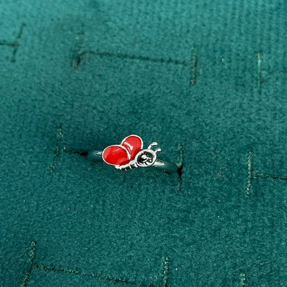 92.5 Sterling Silver Red Enamel & White CZ Ladybird Charm Kids Finger Ring — Size 4