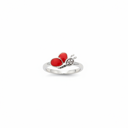 92.5 Sterling Silver Red Enamel & White CZ Ladybird Charm Kids Finger Ring — Size 4