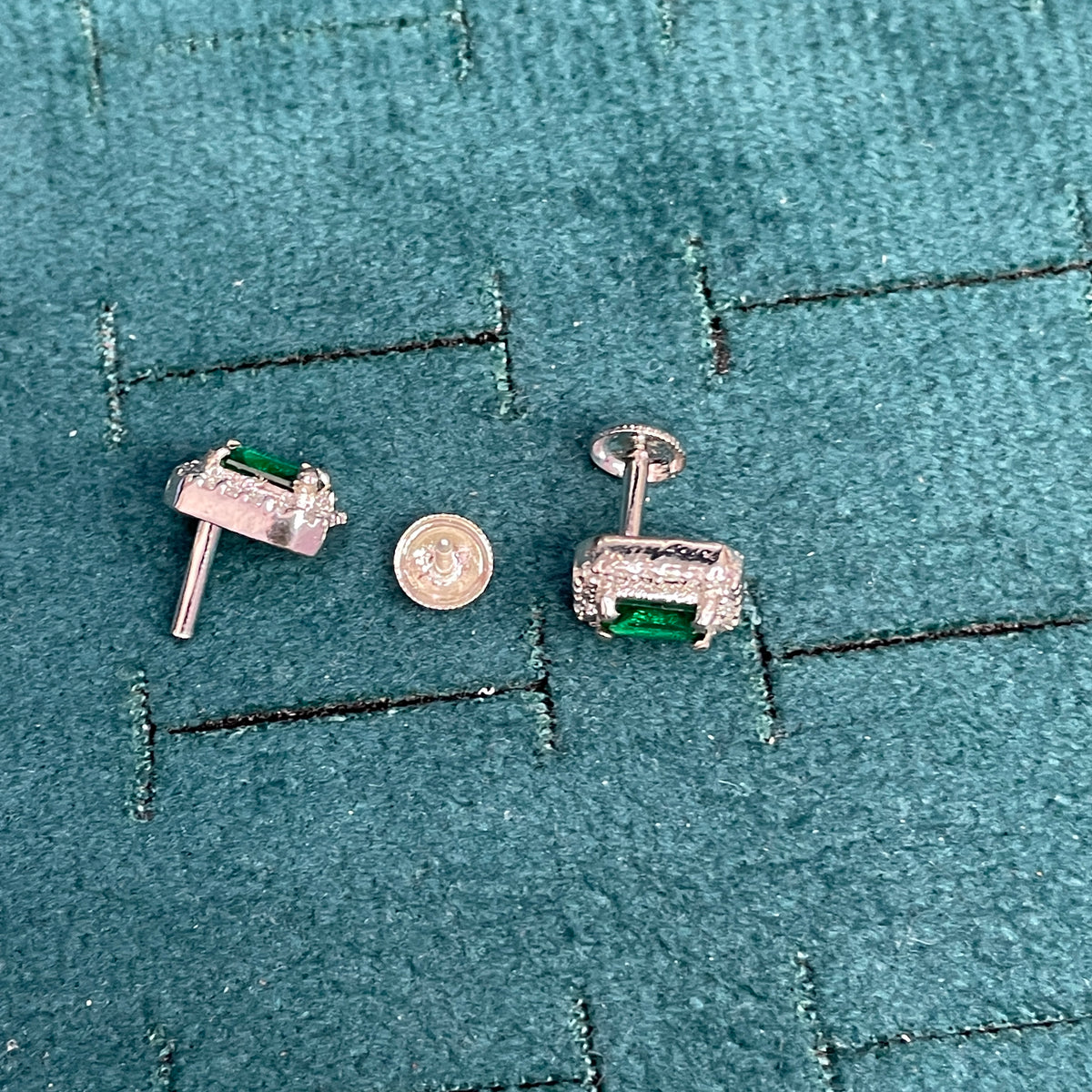 92.5 Sterling Silver Earrings for Women | Rectangular Green Stone with White Stone Halo pair
