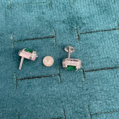 92.5 Sterling Silver Earrings for Women | Rectangular Green Stone with White Stone Halo pair