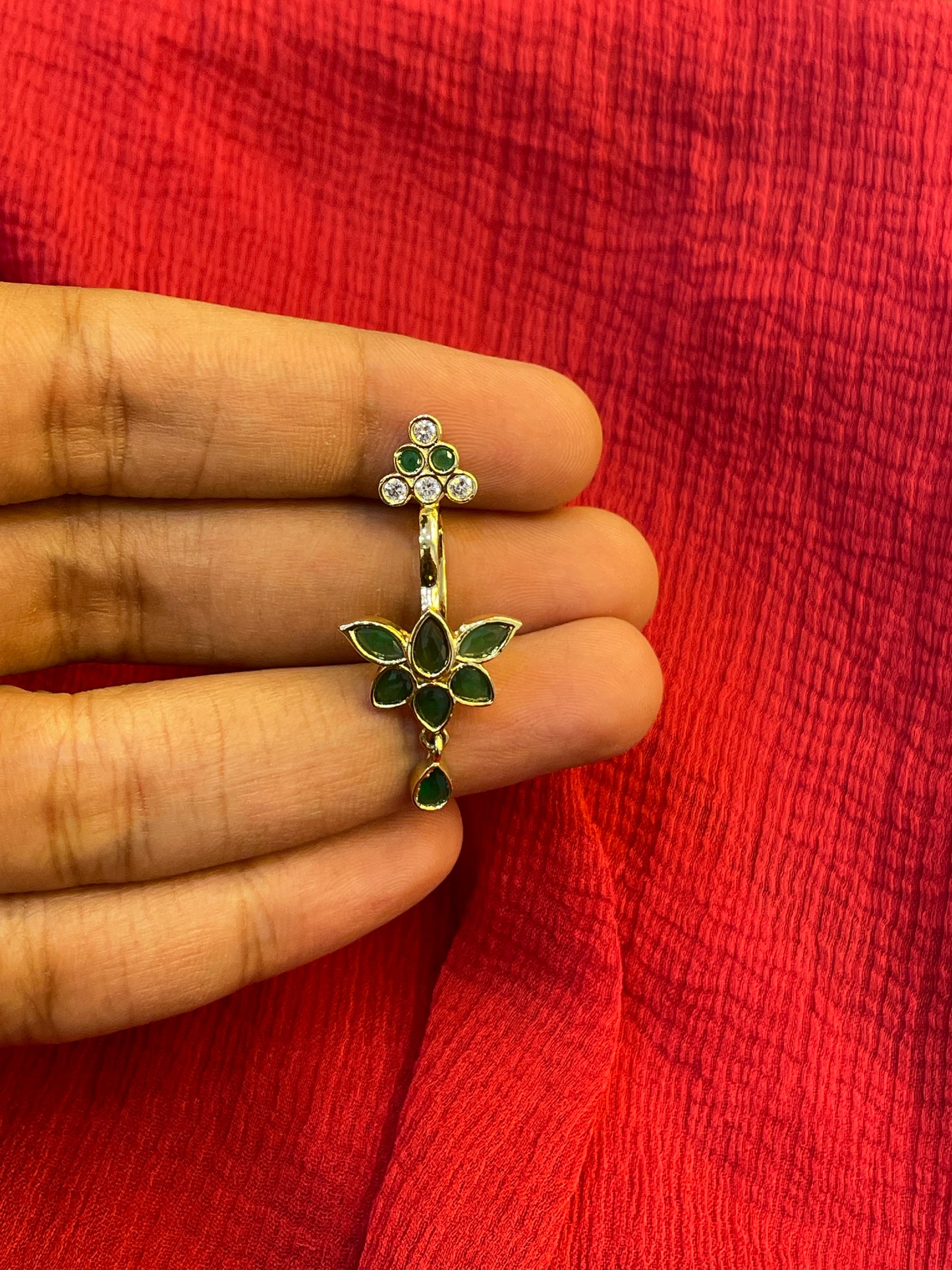 92.5 Silver Emerald Lotus Press-On Bugadi for Women | Temple Style Non-Piercing Ear Cuff | Traditional Jewellery