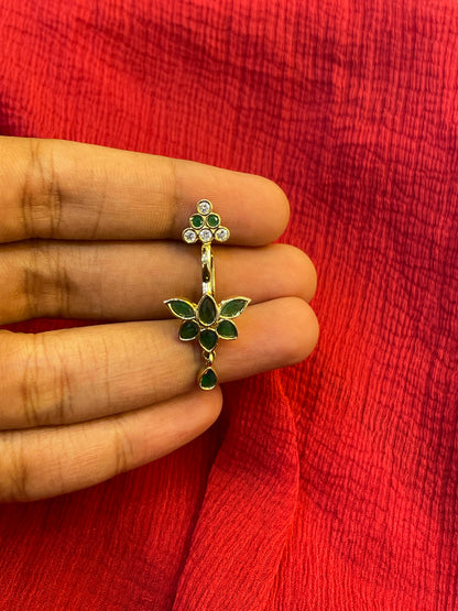 92.5 Silver Emerald Lotus Press-On Bugadi for Women | Temple Style Non-Piercing Ear Cuff | Traditional Jewellery