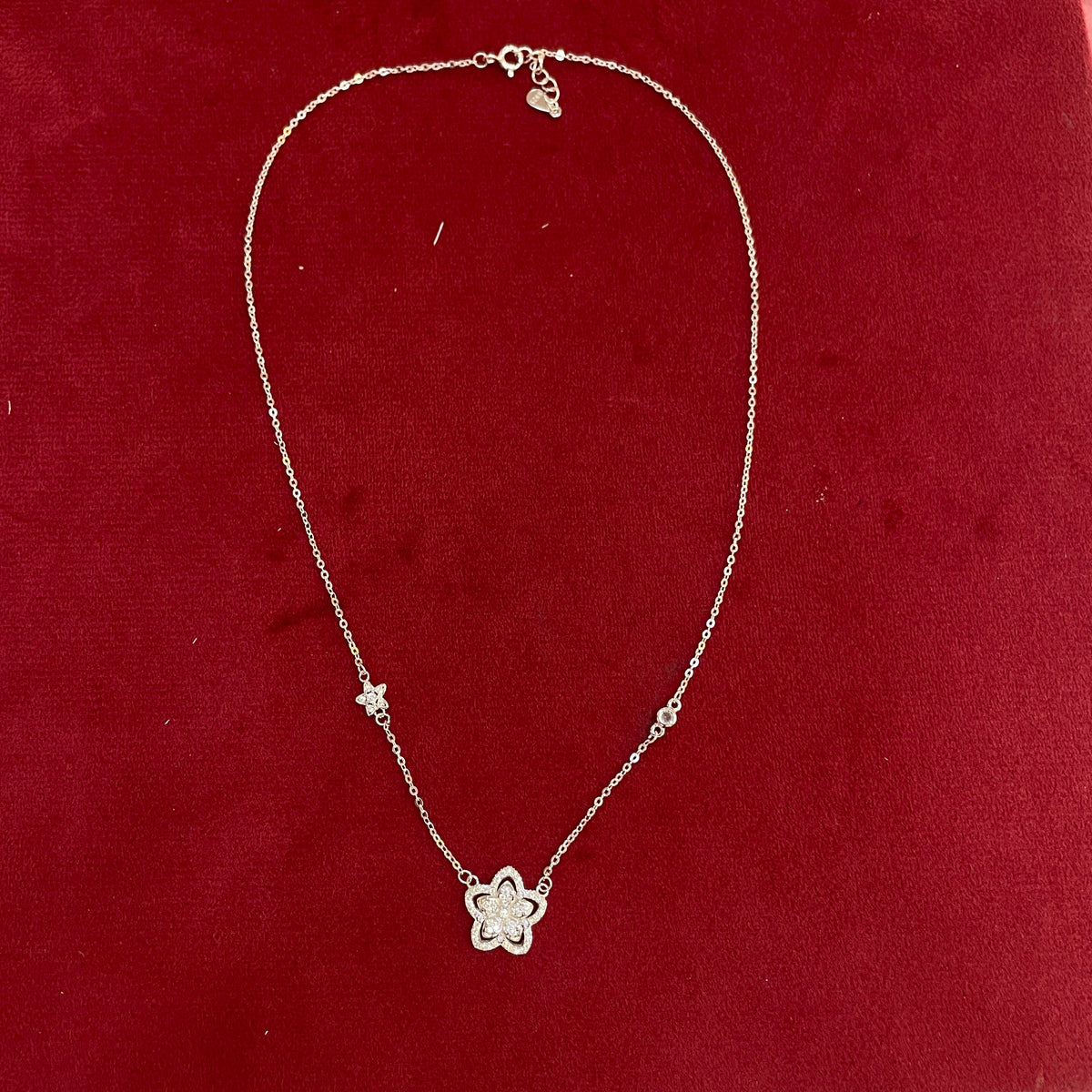 92.5 Silver Pave CZ Open Lotus Flower Pendant Necklace for Women