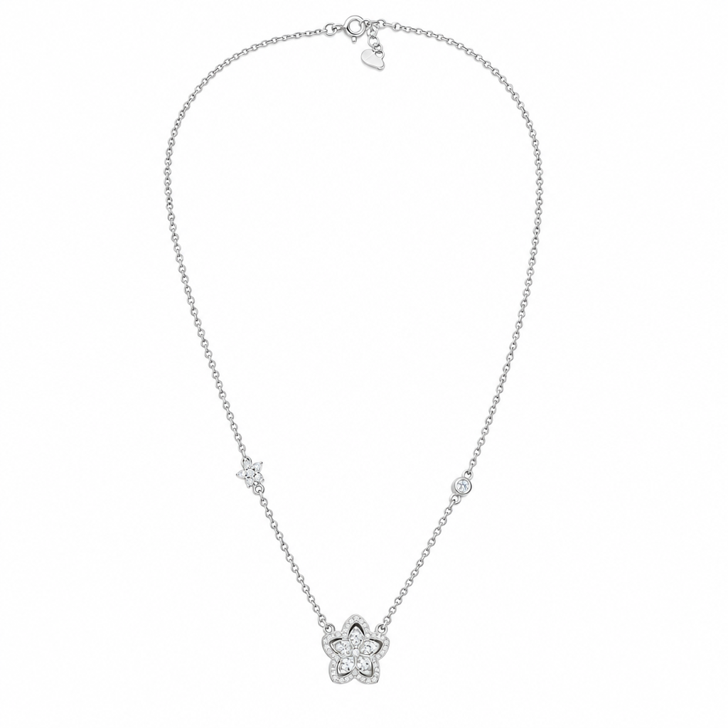 92.5 Silver Pave CZ Open Lotus Flower Pendant Necklace for Women