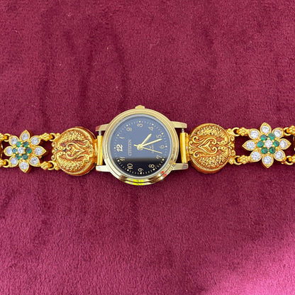 925 Silver Gold-Plated Nakshi Bracelet Watch with White & Emerald CZ Flowers