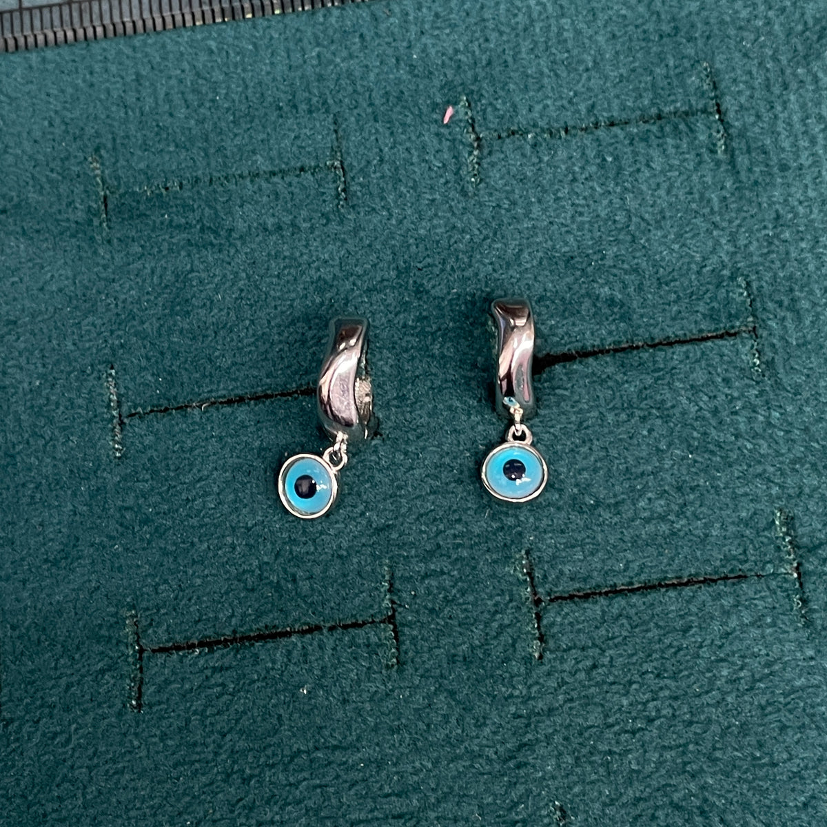 92.5 Sterling Silver Bali Earrings for Women | Plain Polished Hoop with Evil Eye Charm Drop pair