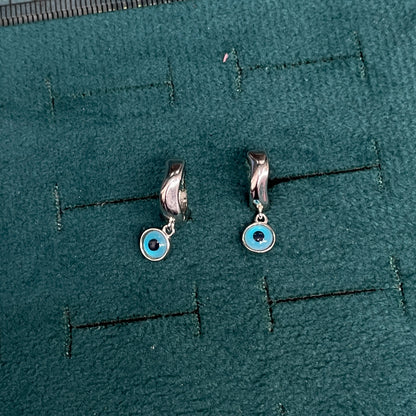 92.5 Sterling Silver Bali Earrings for Women | Plain Polished Hoop with Evil Eye Charm Drop pair