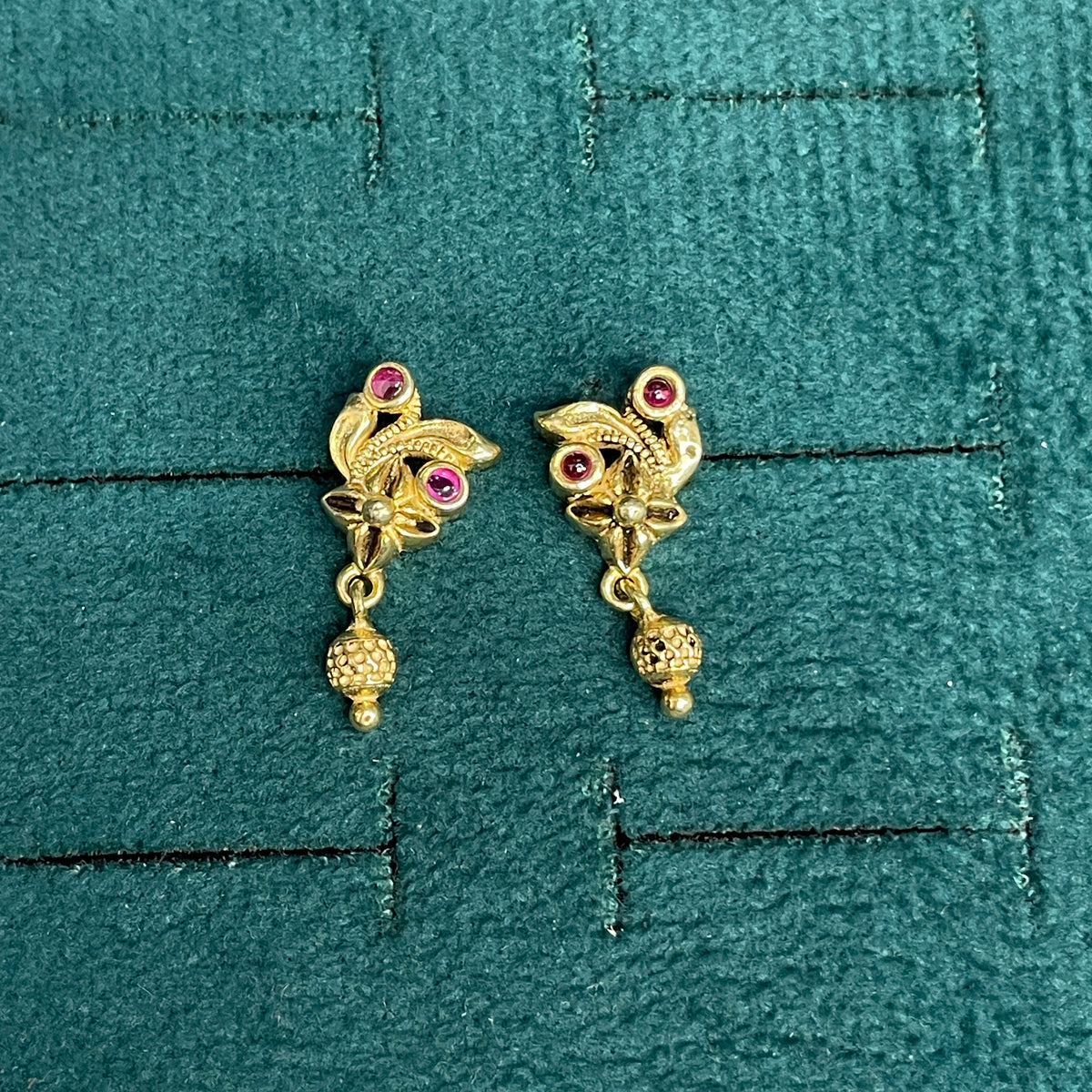 92.5 Sterling Silver Gold Plated Nakshi Ruby Cabochon Drop Earrings for Women