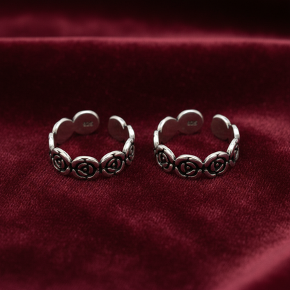 92.5 Silver Floral Adjustable Toe Rings for Women | Rose Pattern Design