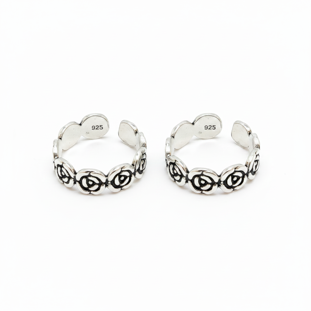 92.5 Silver Floral Adjustable Toe Rings for Women | Rose Pattern Design