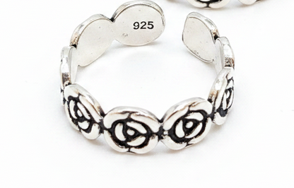 92.5 Silver Floral Adjustable Toe Rings for Women | Rose Pattern Design
