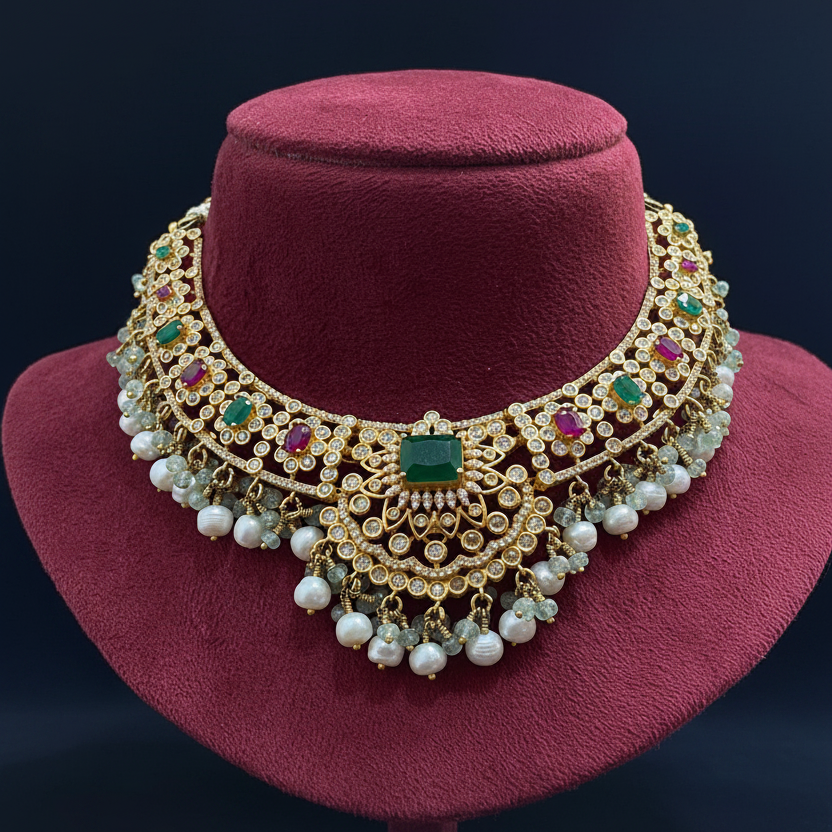 Decorative brooch with gemstones on a pink fabric background