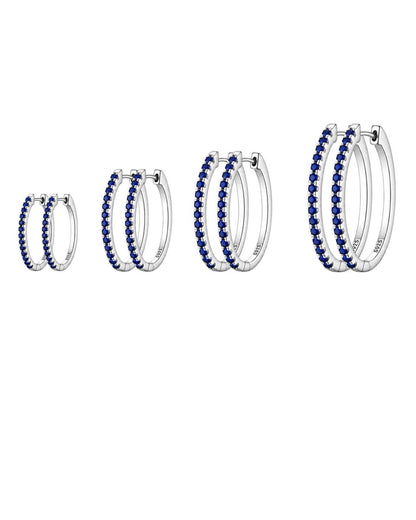 925 Silver Hoops with Navy Blue Stones - Pair