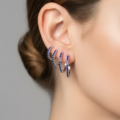 925 Silver Hoops with Navy Blue Stones - Pair