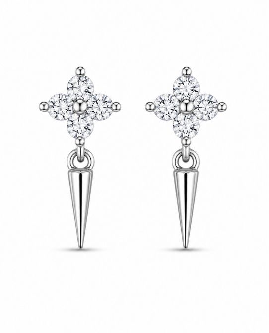 92.5 Sterling Silver Four-Petal Round White CZ Flower Cluster Stud with Cone Spike Drop Earrings for Women