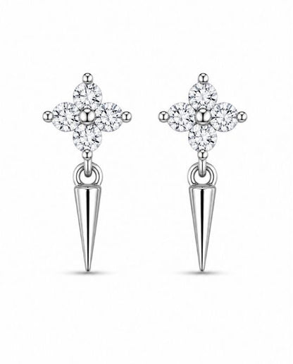 92.5 Sterling Silver Four-Petal Round White CZ Flower Cluster Stud with Cone Spike Drop Earrings for Women